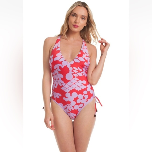 Trina Turk Bali Blossom Red Lavender High Leg One Piece Swimsuit $154 - Picture 2 of 9
